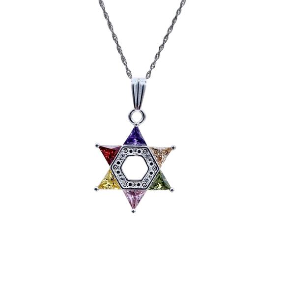 Unbranded Jewelry - Sterling Silver Jewish Star Of David With Multicolor Stones Pendant Necklace